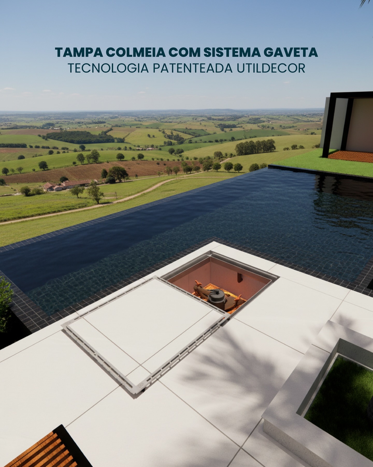 Tampa Colmeia com sistema de gaveta em área de piscina