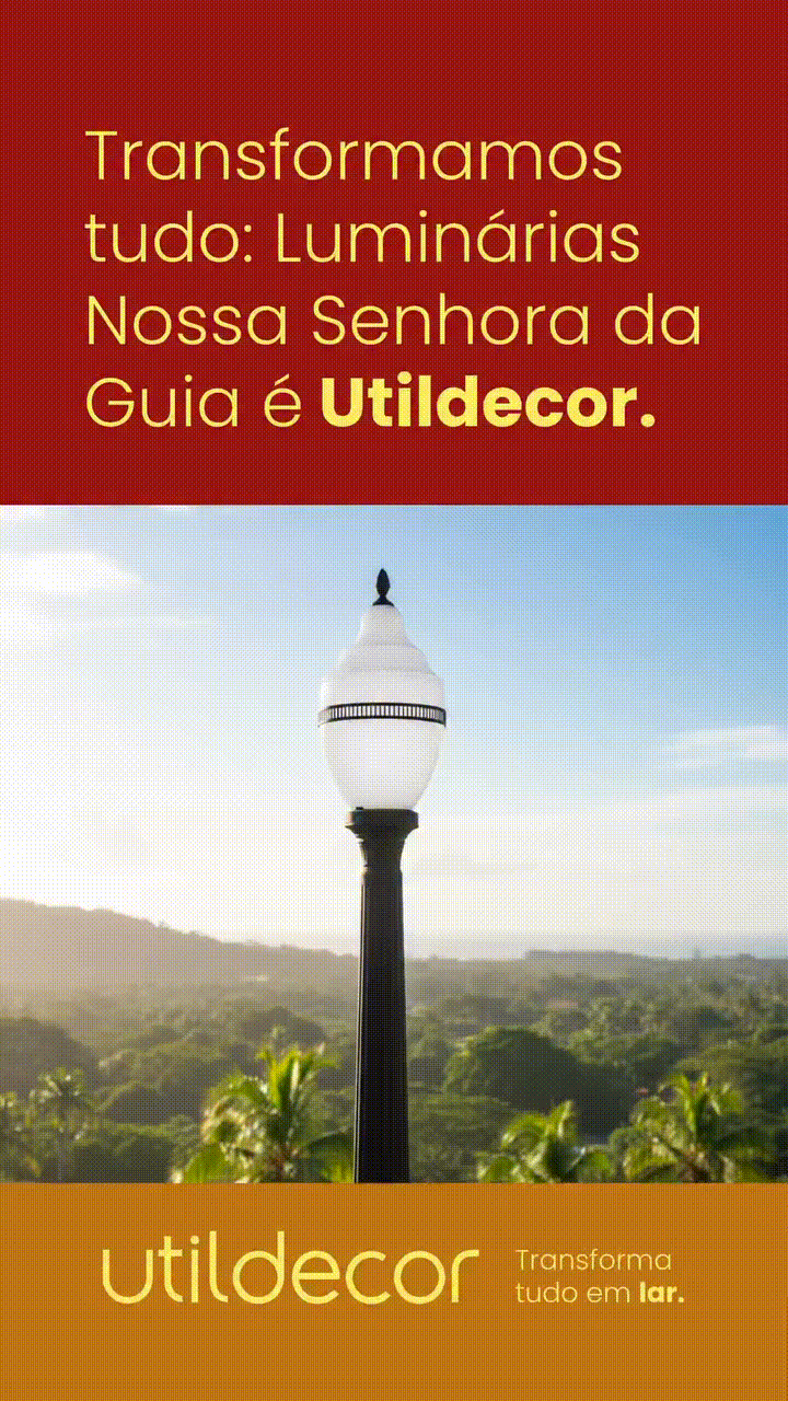 Animação da nova identidade Utildecor com poste de iluminação em uma paisagem